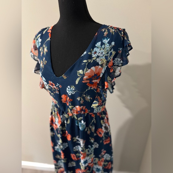 Navy Floral Maxi Dress Flutter Sleeve V Neck Smocked Waist Ruffle Hem - Picture 8 of 12